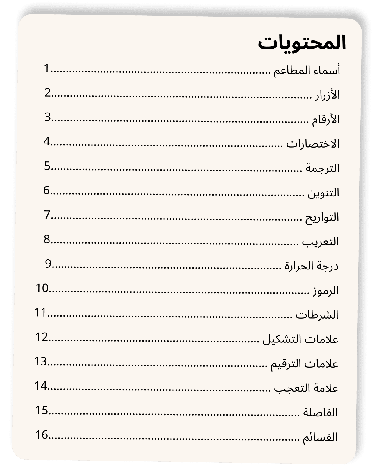 Style guide table of contents